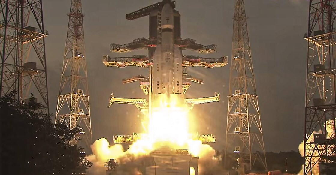 ISRO's launch vehicle LVM3-M5 carrying the communication satellite CMS-03 lifts off from the launch pad at the Satish Dhawan Space Centre, in Sriharikota, Andhra Pradesh. Photo: PTI. 