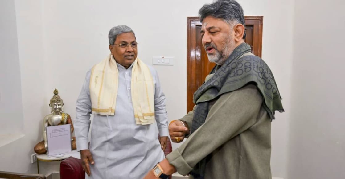 Karnataka Chief Minister Siddaramaiah with Deputy CM D K Shivakumar during a breakfast meeting amid the ongoing leadership issue in the state, at the former's residence 'Kaveri', in Bengaluru. Photo: PTI