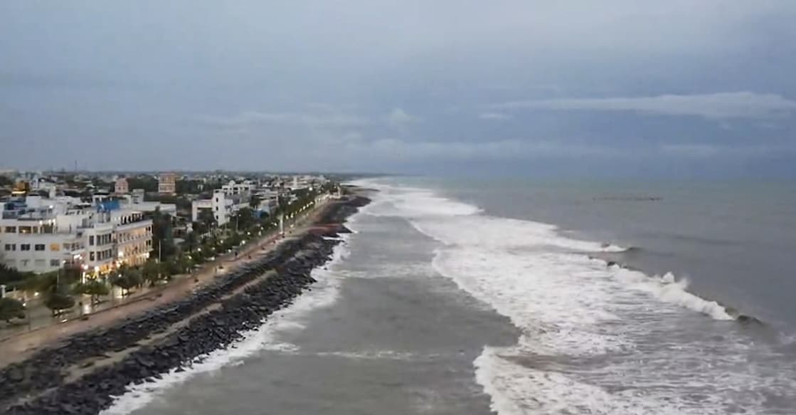 An aerial view of waves crashing at the shore as cyclone Ditwah approaches, in Puducherry, Saturday, Nov. 29, 2025. Photo: PTI