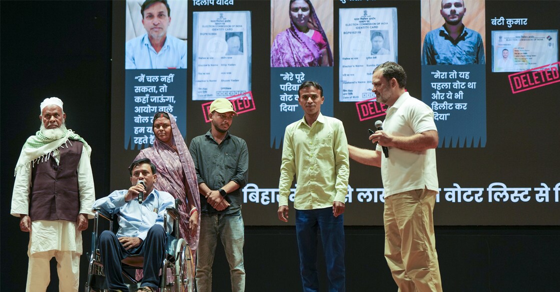 LoP in the Lok Sabha and Congress leader Rahul Gandhi with people from Haryana on the stage to share personal testimonies of alleged voter list manipulations. Photo: PTI