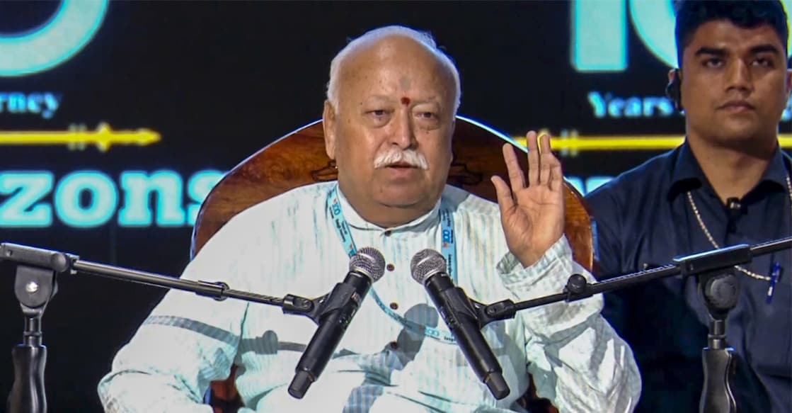 RSS Chief Mohan Bhagwat addresses the "100 Years of Sangh Journey: New Horizons" event, in Bengaluru, Sunday, Nov. 9, 2025.  Photo: PTI