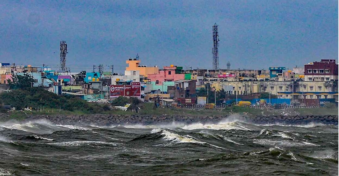 High waves lash the Kasimedu shoreline amid rough sea conditions in the wake of the Cyclone Ditwah, in Chennai, Sunday, Nov. 30, 2025. Photo: PTI
