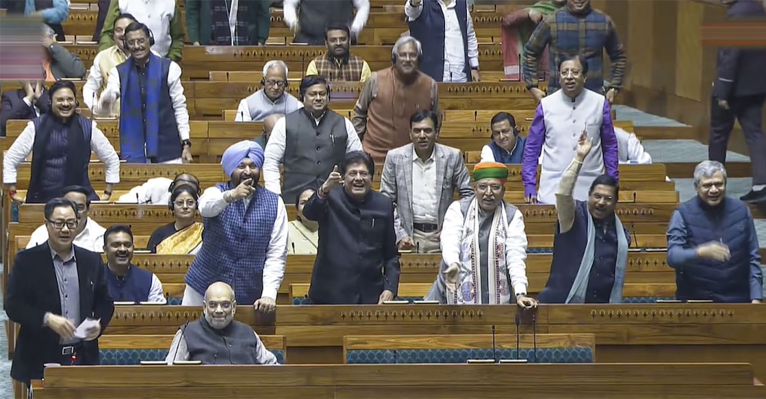 Union Home Minister Amit Shah, with other Union Ministers Kiren Rijiju, Piyush Goyal, Arjun Ram Meghwal, Pralhad Joshi and Ashwini Vaishnaw, during the Winter session of Parliament. Photo: PTI