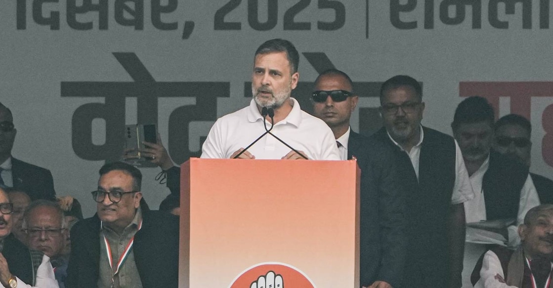 LoP in the Lok Sabha and Congress leader Rahul Gandhi, centre, addresses the gathering during the 'Vote Chor, Gaddi Chhod' rally, at Ramlila Maidan in New Delhi.