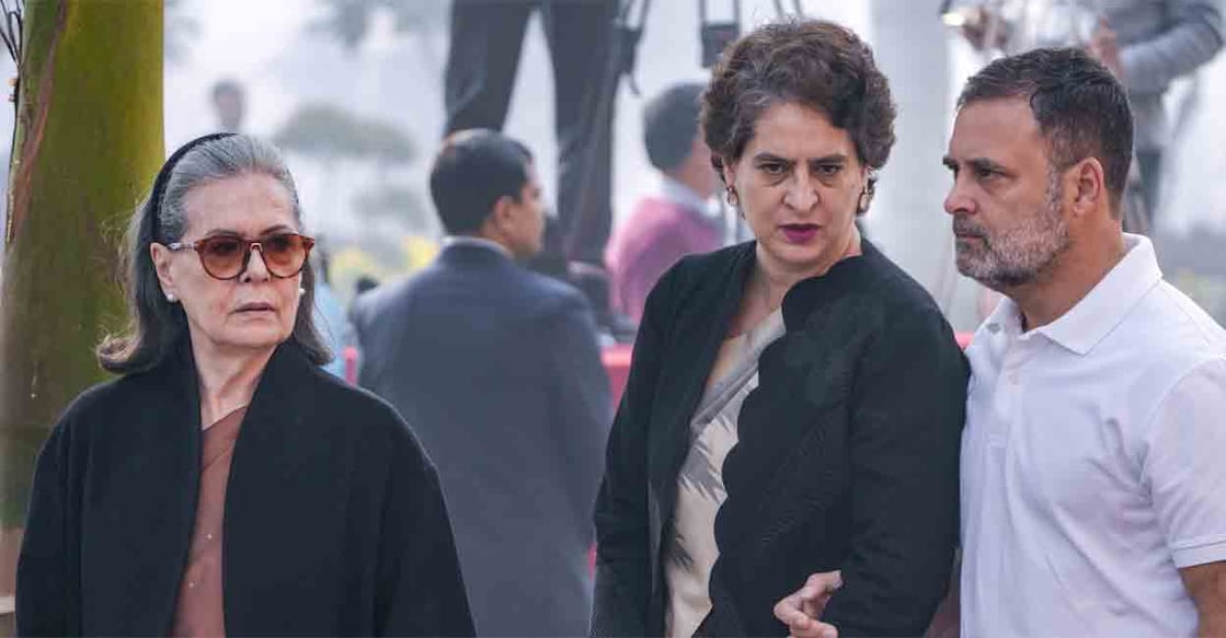 Sonia Gandhi, Priyanka Gandhi and Rahul Gandhi during a ceremony marking the 2001 Parliament attack's 24th anniversary in Delhi. Photo: PTI