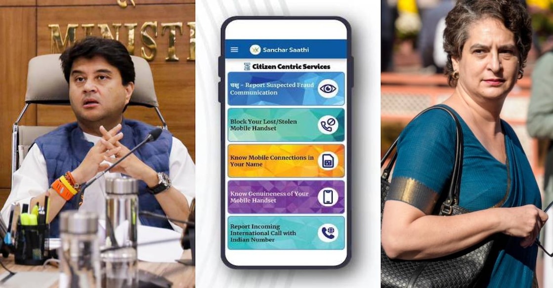 Union Minister Jyotiraditya Scindia (L), Sanchar Saathi app (C) and Congress leader Priyanka Gandhi (R). Photo: PTI