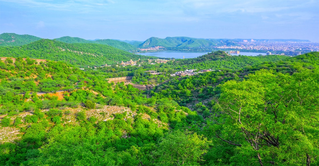 An aerial view of lush greenery covering Amber City and the Aravalli Range as seen from Jaigarh Fort. Photo: IANS