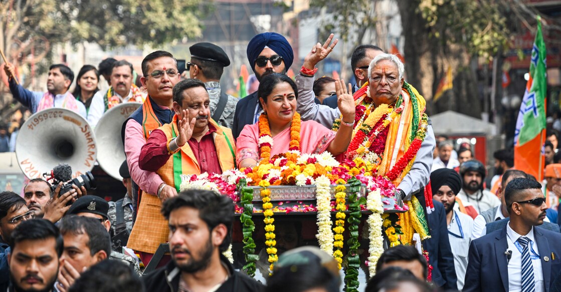 Delhi Chief Minister Rekha Gupta during a roadshow in support of BJP before the Municipal Corporation of Delhi (MCD) bypolls. File Photo: PTI