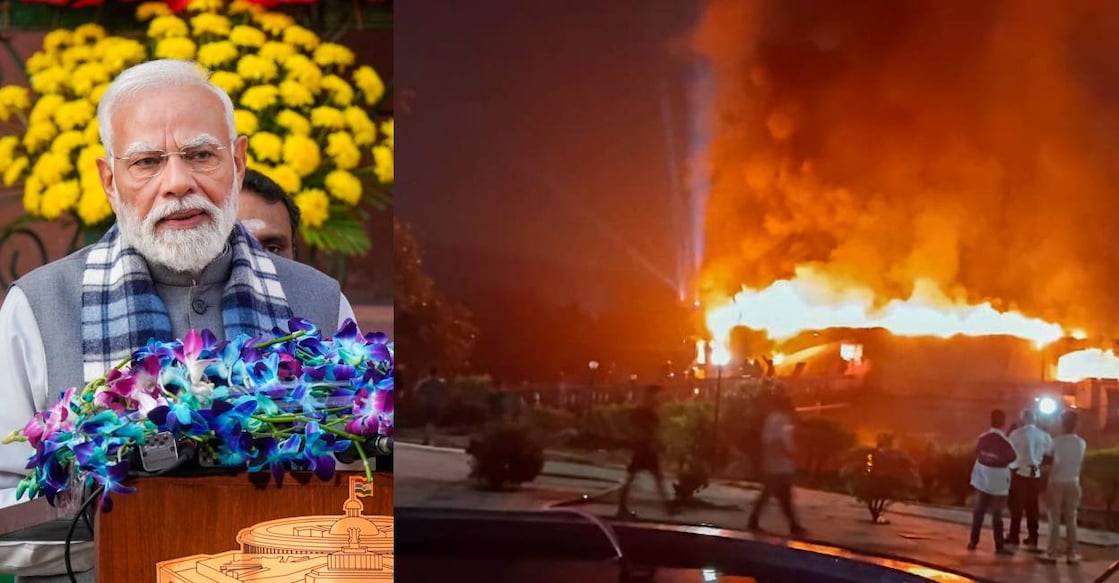 Prime Minister Narendra Modi and a view of the nightclub that caught fire in Goa. Photo: PTI
