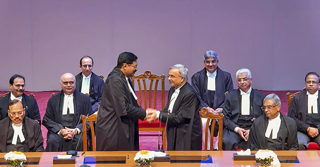 In this screengrab from a video posted by the Supreme Court of India (SCI) website, Chief Justice of India (CJI) B R Gavai after administering the oath of office to Justice N V Anjaria during his swearing-in ceremony as Supreme Court judge, in New Delhi. Photo: SCI via PTI