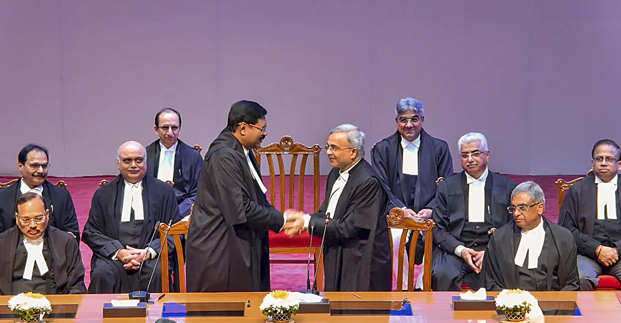 In this screengrab from a video posted by the Supreme Court of India (SCI) website, Chief Justice of India (CJI) B R Gavai after administering the oath of office to Justice N V Anjaria during his swearing-in ceremony as Supreme Court judge, in New Delhi. Photo: SCI via PTI