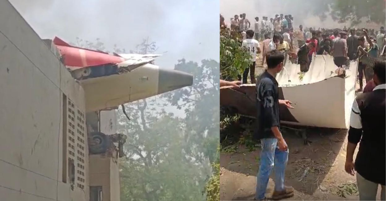 The crashed Air India Boeing aircraft, lodged into a building near the airport. Photo: Special Arrangement
