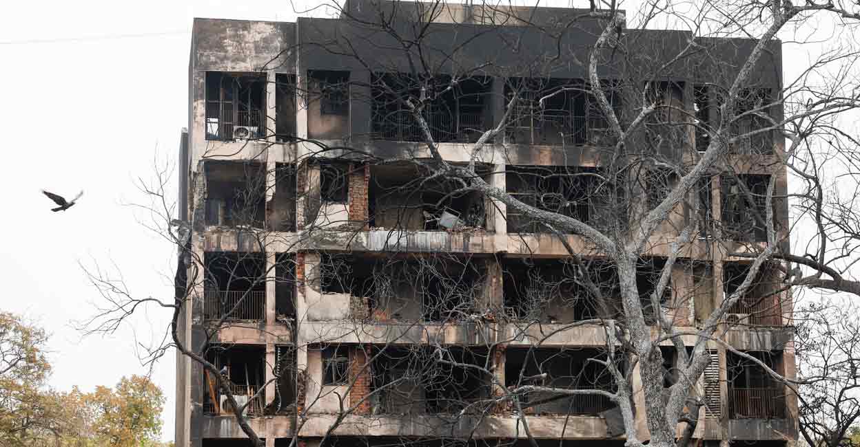 A bird flies next to a damaged building at the crash site of Air India Boeing 787-8 Dreamliner plane, that crashed during take-off from an airport, in Ahmedabad, India, June 13, 2025. Photo: REUTERS/Adnan Abidi