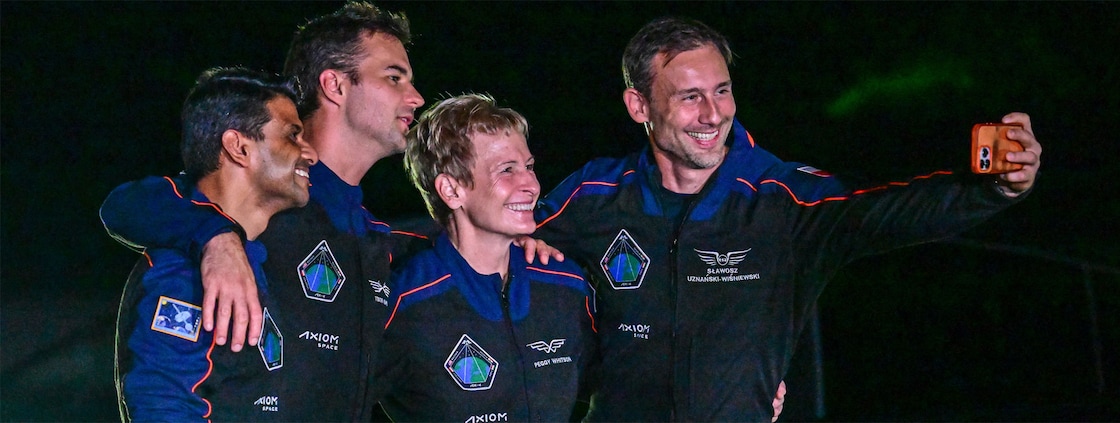 axiom-crew ISRO astronaut Shubhanshu Shukla, Hungarian astronaut Tibor Kapu, US astronaut Peggy Whitson and Polish astronaut Slawosz Uznanski-Wisniewski pose for a picture ahead of the Axiom-4 mission, with a SpaceX Dragon spacecraft and Falcon 9 rocket, lift off from Launch Complex 39A at NASA's Kennedy Space Center in Cape Canaveral, Florida, on June 24, 2025. India, Poland and Hungary are set to send people to space for the first time in decades on an American commercial mission to the International Space Station that blasts off early morning on June 25.