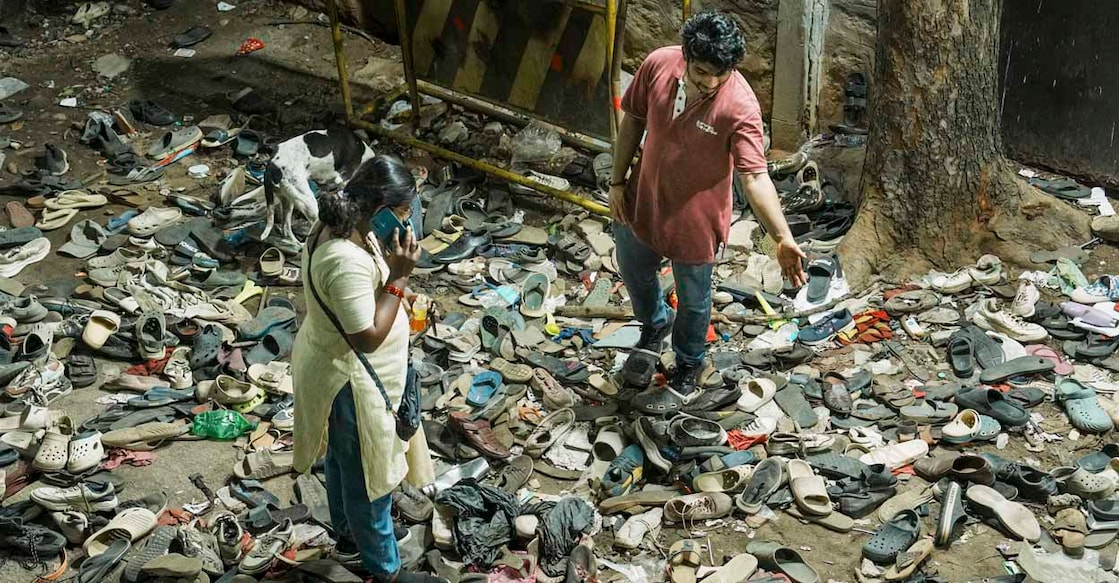 Bengaluru: Footwears lie on the ground outside the Chinnaswamy Stadium following a stampede after a large number of fans gathered for the felicitation of IPL 2025 winning Royal Challengers Bengaluru team, in Bengaluru, Karnataka, Wednesday, June 4, 2025. At least 11 people were killed and 33 others suffered injuries in the incident. (PTI Photo)(PTI06_04_2025_000673B)