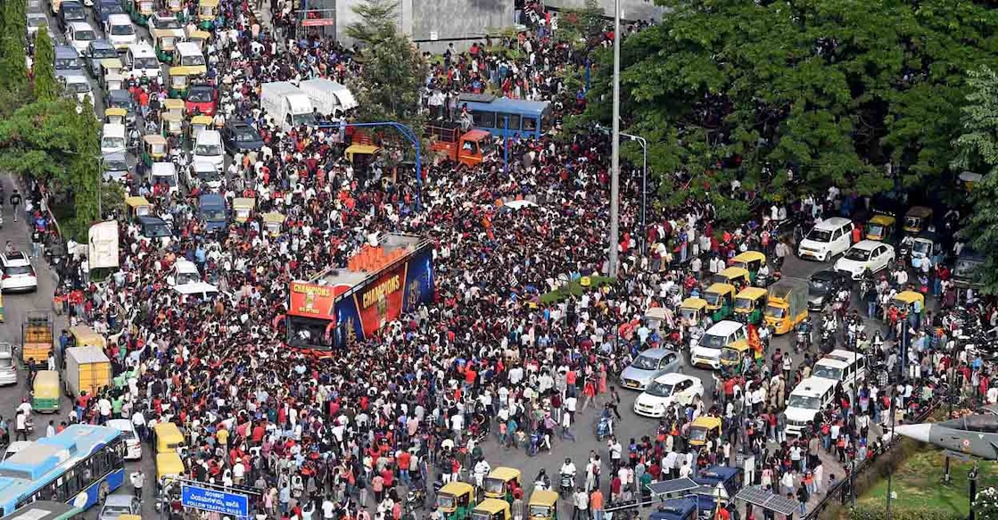 People celebrate Royal Challengers Bengaluru's first Indian Premier League (IPL) title win outside Chinnaswamy stadium in Bengaluru. Photo: Reuters/Stringer