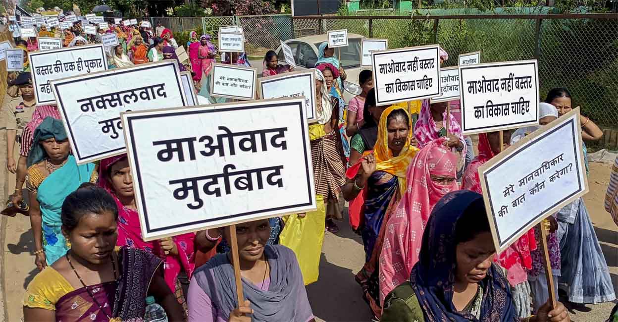 Naxal-affected families take part in a rally against Naxalism, at Jagdalpur in Bastar district on June 3, 2025. Photo: PTI