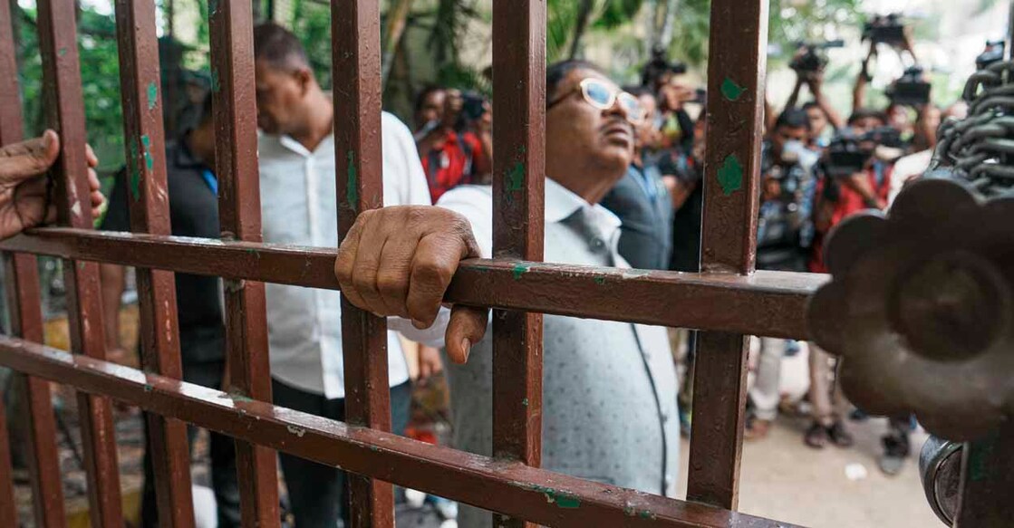 Karnataka Home Minister G Parameshwara inspects the site near the Chinnaswamy stadium after the stampede. Photo: PTI/Shailendra Bhojak