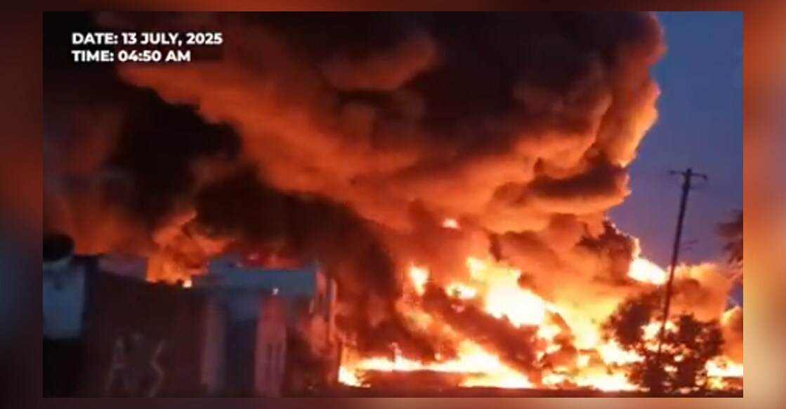 Visuals of the diesel-laden goods train, en route to Chennai, that caught fire near Tiruvallur railway station in Tamil Nadu on Sunday, July 13, 2025. Photo: IANS