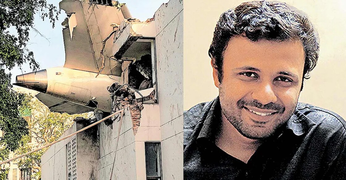 Sight of the flight crash (L), Vipin Venu Varakkoth (R). Photo: Manorama