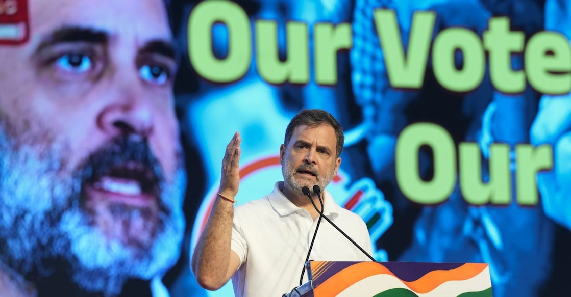 Congress leader and LoP in Lok Sabha Rahul Gandhi addresses the party's 'Vote Adhikar Rally', in Bengaluru, Friday, Aug. 8, 2025. Photo: PTI/Shailendra Bhojak