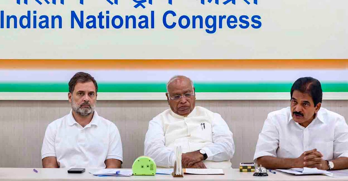 **EDS: THIRD PARTY IMAGE** In this image released by @INCIndia via X on Aug. 12, 2025, Congress President Mallikarjun Kharge, LoP in the Lok Sabha and party leader Rahul Gandhi and party General Secretary (Organisation) KC Venugopal during a meeting with General Secretaries, In-charges, and Frontal Heads of the party. (@INCIndia on X via PTI Photo)(PTI08_12_2025_000290B)