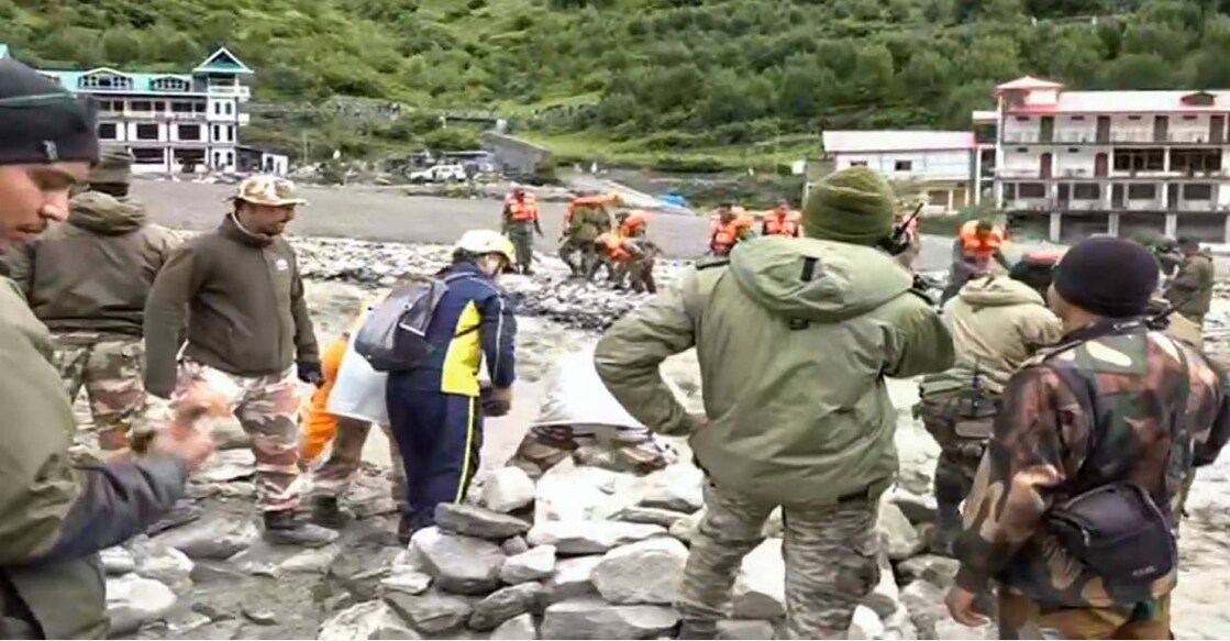 Search and rescue operation underway following flash floods triggered by a cloudburst, at Dharali, in Uttarkashi. Photo: PTI