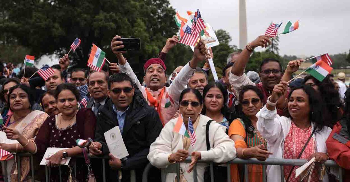 WASHINGTON, DC - JUNE 22: People await the start of the arrival ceremony for Indian Prime Minister Narendra Modi at the White House on June 22, 2023 in Washington, DC. U.S. President Joe Biden and Prime Minister Narendra Modi will later participate in a joint press conference and a state dinner in the evening. Biden is the first U.S. president to invite Modi for an official state visit.   Win McNamee/Getty Images/AFP (Photo by WIN MCNAMEE / GETTY IMAGES NORTH AMERICA / Getty Images via AFP)