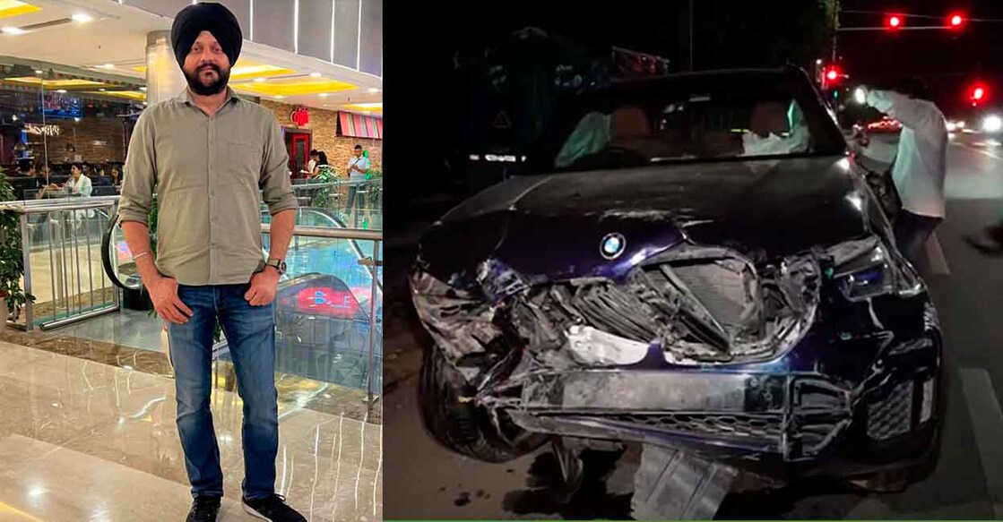 Navjot Singh, Deputy Secretary in the Department of Economic Affairs, Ministry of Finance; Wreckage of a BMW car lies on a road after an accident, in New Delhi, Sunday, Sept. 14, 2025. Photo: PTI