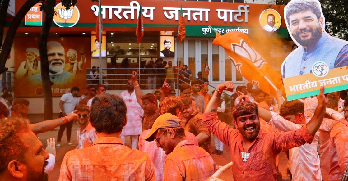BJP members celebrate victory in the BMC elections 2026 at the party office, in Mumbai. Photo: PTI