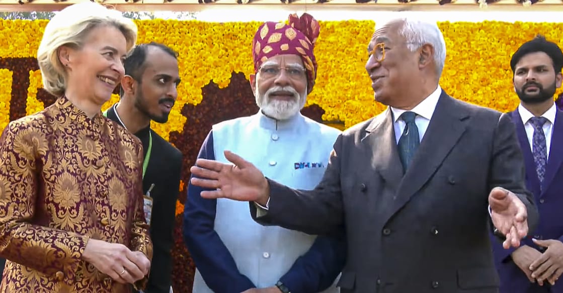 Prime Minister Narendra Modi, centre, with chief guests President of the European Commission Ursula von der Leyen, left, and President of the European Council Antonio Costa during the 77th Republic Day Parade, at Kartavya Path, in New Delhi. Photo: PTI
