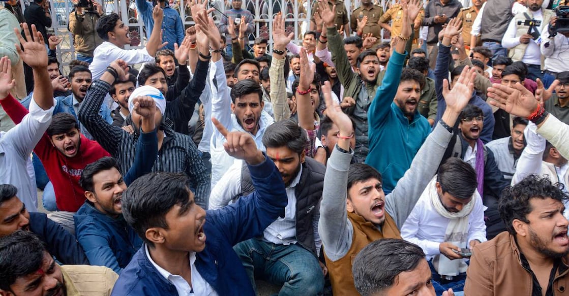 Students stage a protest against the new University Grants Commission (UGC) equity regulations, near University of Lucknow on January 27. Photo: PTI