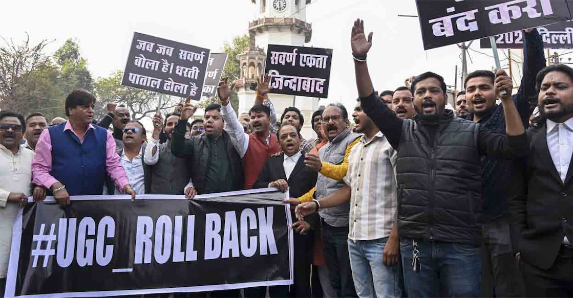 People hold placards declaring 'hail upper caste unity' during a protest against the UGC's recently notified 'Promotion of Equity in Higher Education Institutions Regulations, 2026', in Jabalpur on Wednesday. Photo: PTI
