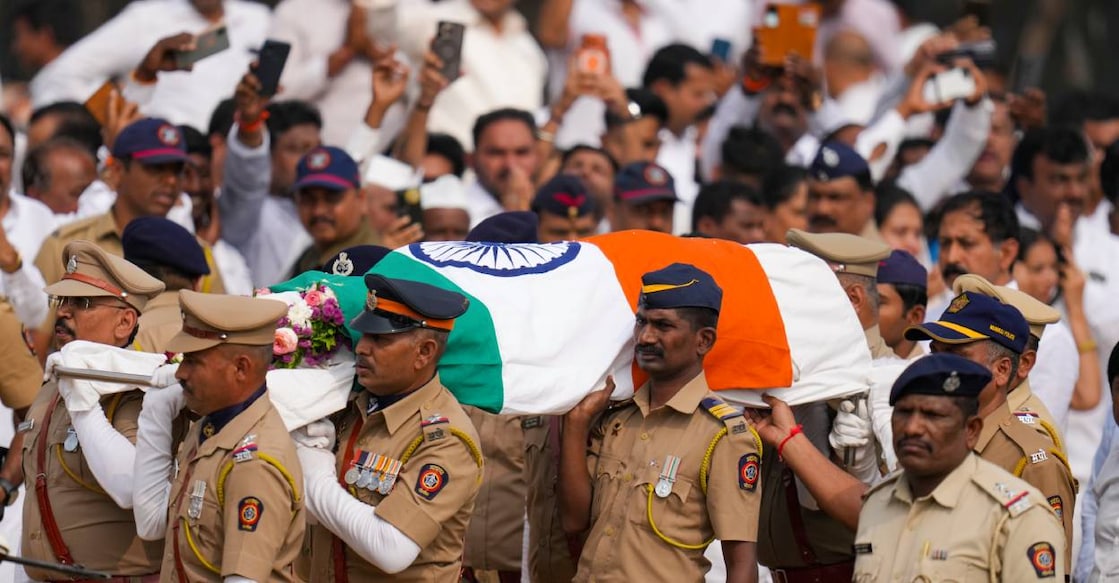 Mortal remains of Maharashtra Deputy Chief Minister Ajit Pawar being brought to Vidya Pratishthan college ground for his funeral, at Baramati in Pune district. Photo: PTI