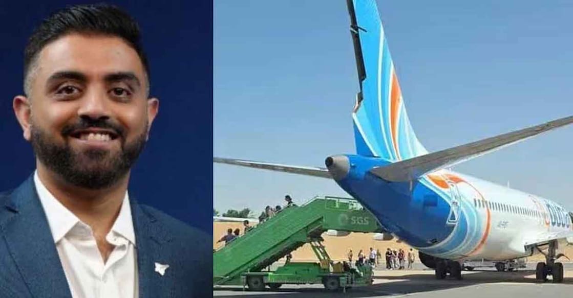 Smit Machchhar, flydubai flight. Photos: linkedin/smit-machchhar, X/AmitSegal