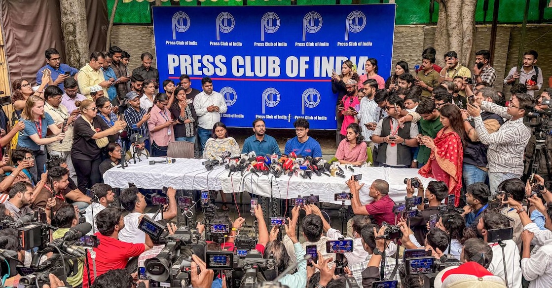 Cockroach Janta Party (CJP) leaders Saurav Das and Ashutosh Ranka, with others, address a press conference following their release from preventive detention by an executive magistrate court, at the Press Club of India, in New Delhi, on Sunday. Photo: PTI.