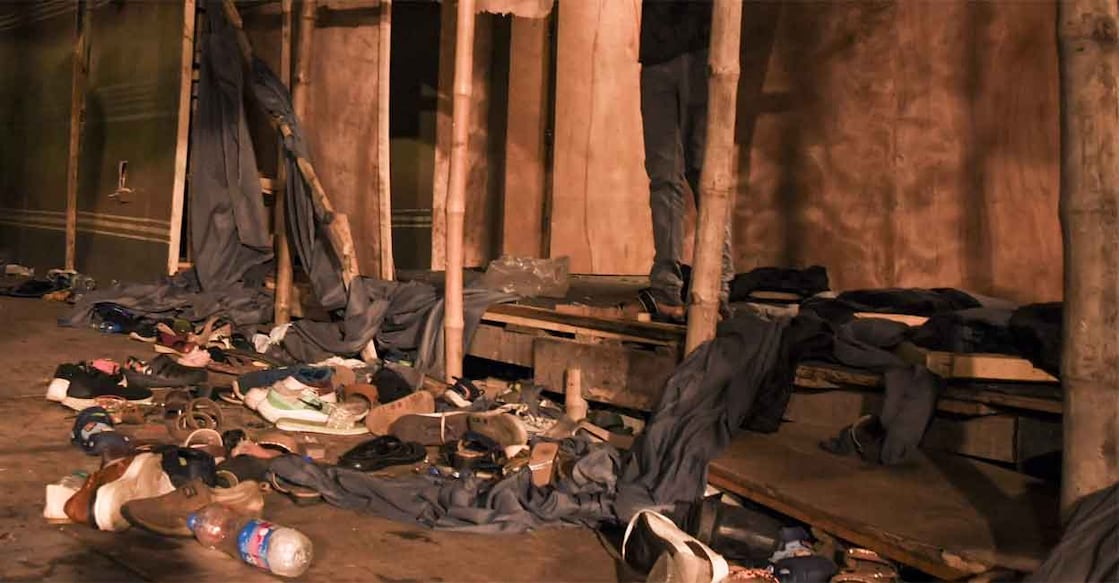Footwear lies scattered outside a Durga Puja pandal after the exit gate collapsed due to heavy crowd pressure, leading to a stampede-like situation, in Kolkata, Saturday, Oct. 17, 2026. Photo: PTI