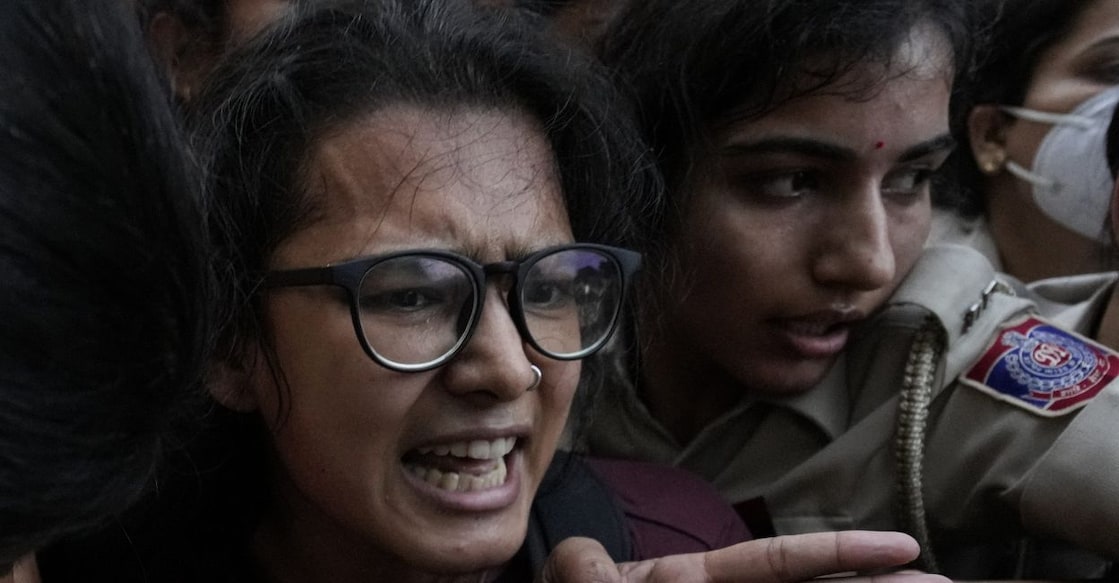 AISA chief Neha Bora being detained by the police during a protest against Chief Election Commissioner (CEC) Gyanesh Kumar, demanding his resignation over alleged irregularities in the Special Intensive Revision (SIR) of electoral rolls, at Mandi House, in New Delhi, Friday, Oct. 16, 2026. Photo: PTI. 