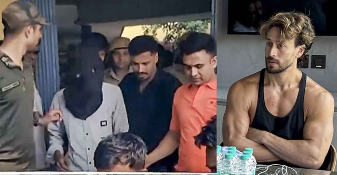 Three accused (L) brought out of Railway Colony Police Station a day after the firing at Bollywood actor Tiger Shroff (R). Photo: PTI