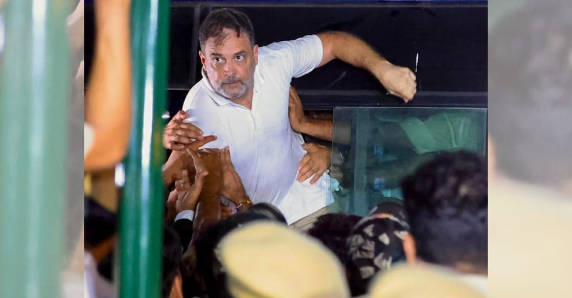 Rahul Gandhi was detained by police personnel after an over eight-hour sit-in inside the Akashvani Bhawan premises. Photo: PTI