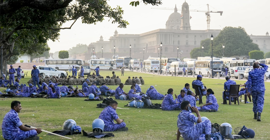 Security personnel at Kartavya Path ahead of a proposed protest call by the Cockroach Janta Party (CJP), in New Delhi, Friday, Oct. 9, 2026. Photo: PTI