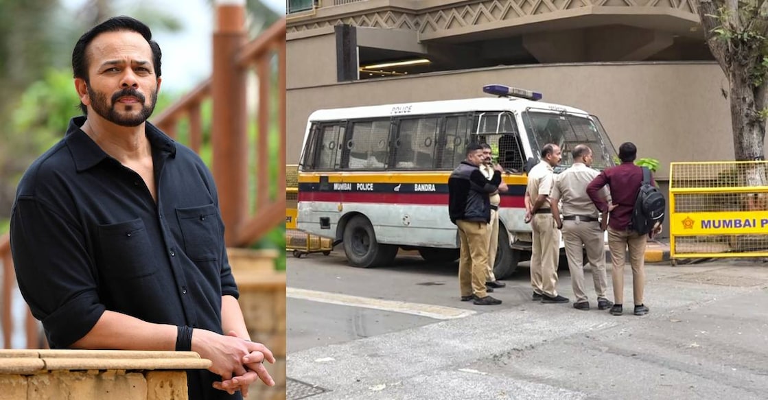 Rohit Shetty (L) and Security personnel keep vigil after unidentified persons opened fire outside film maker Rohit Shetty's residence in western suburbs of Mumbai's Juhu (R). Photo: PTI