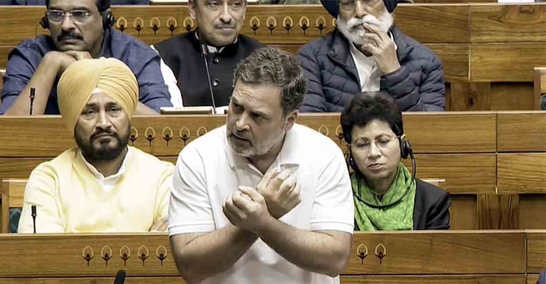 Rahul Gandhi speaks during the Budget session in Parliament on Wednesday. Photo: Sansad TV via PTI
