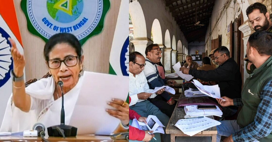 West Bengal Chief Minsiter Mamata Banerjee (L) and officers engaged in correcting errors in the electoral rolls under SIR exercise (R). Photo: PTI