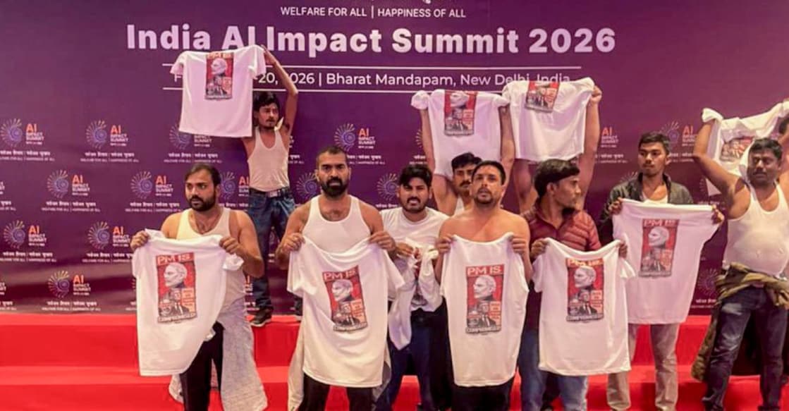 Indian Youth Congress workers stage a protest during the India AI Impact Summit 2026 at Bharat Mandapam, in New Delhi. Photo: PTI
