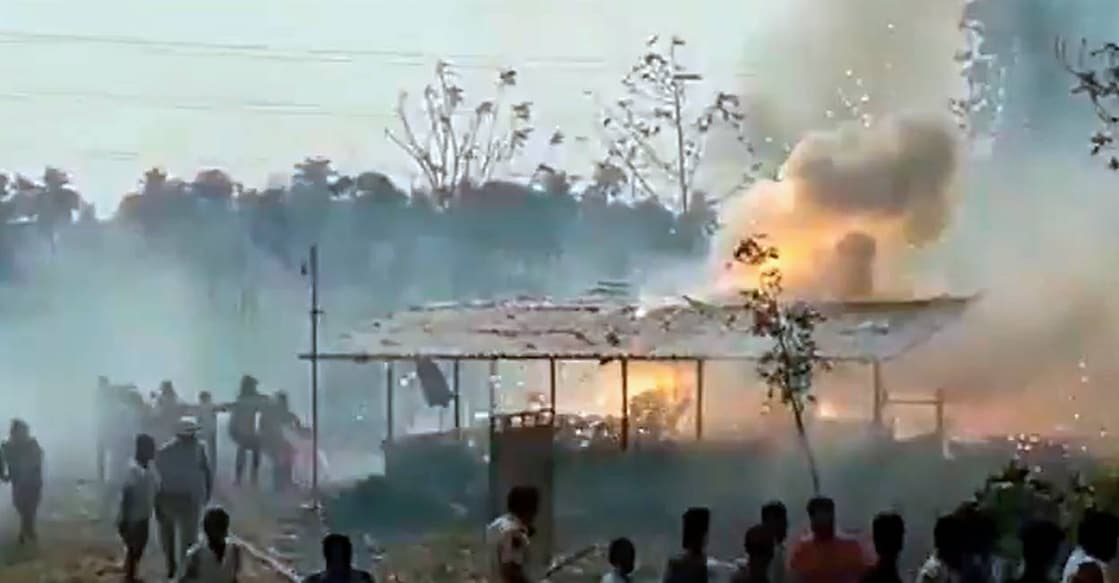 Smoke billows following an explosion at a crackers unit, in Kakinada district, Andhra Pradesh. Photo: PTI