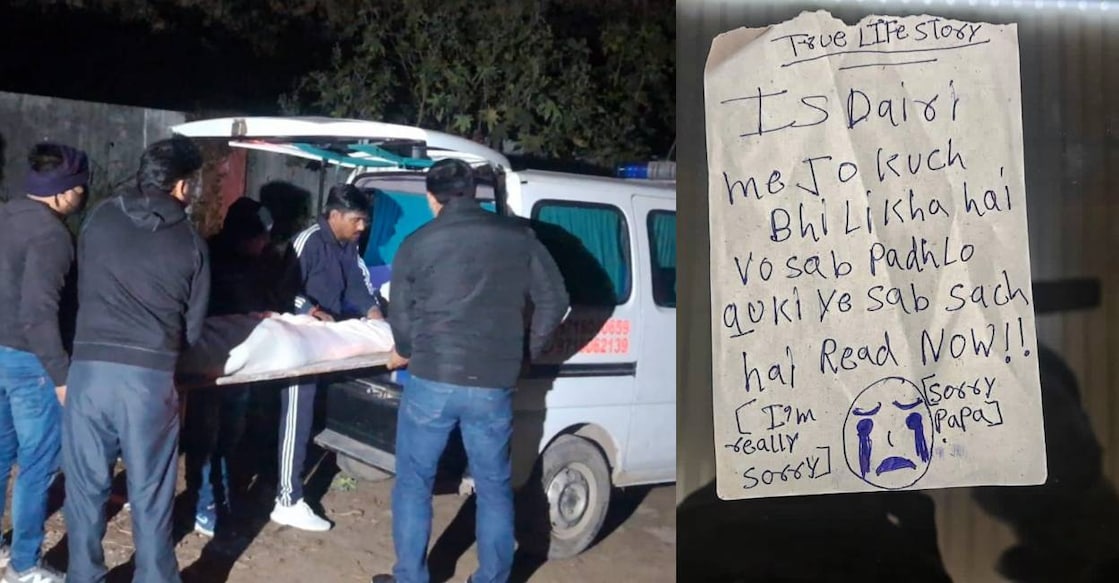 Mortal remains of the three minor sisters, who died after allegedly jumping off the balcony of their ninth floor home, being carried after post-mortem procedure, in Ghaziabad (L) and a suicide note of the three (R). Photo: PTI