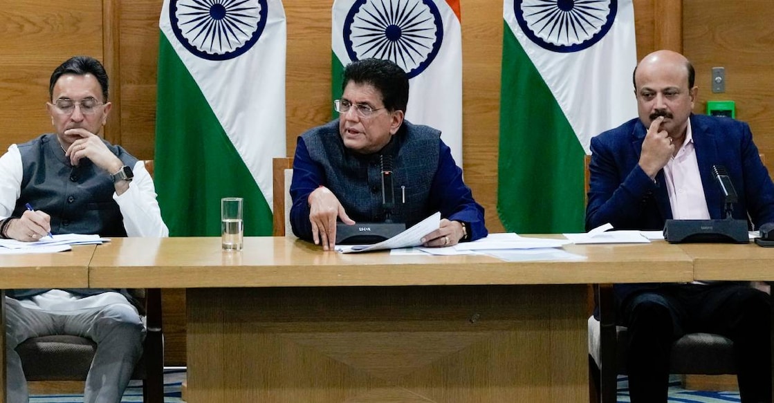 Union Commerce and Industry Minister Piyush Goyal, center, with MoS Jitin Prasada, left, and Commerce Secretary Rajesh Agarwal during a press conference on the recently announced India-US trade deal, at Vanijya Bhawan, in New Delhi. Photo: PTI