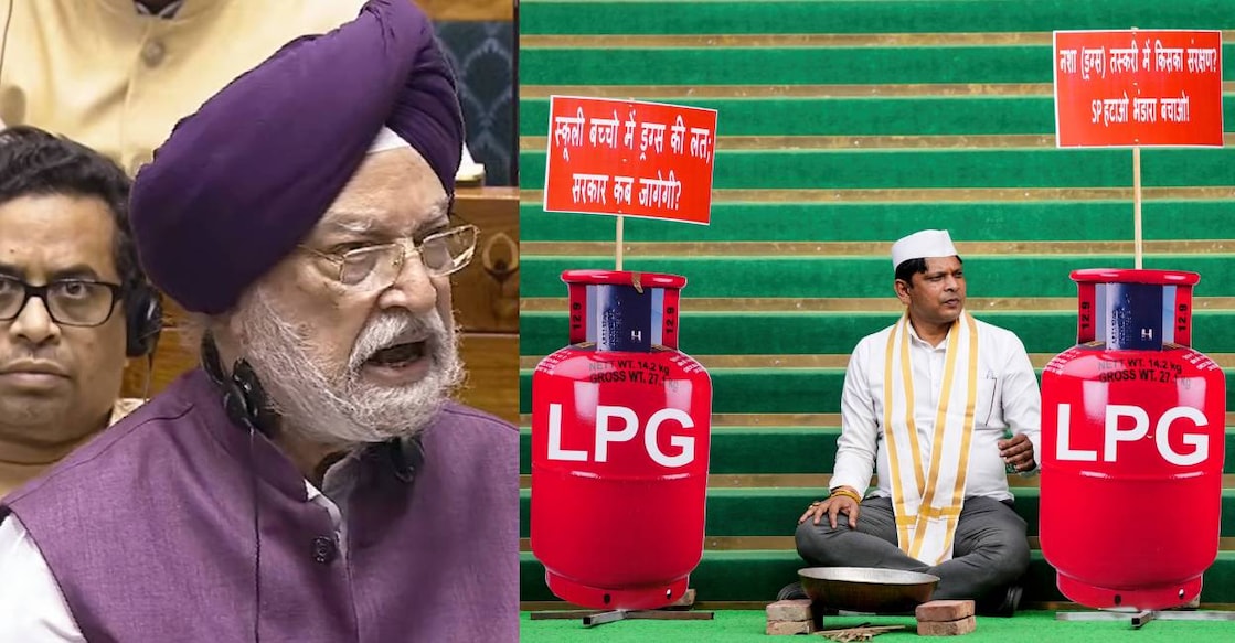 This combination of photos shows Petroleum and Natural Gas Minister Hardeep Singh Puri addresses the Lok Sabha and Congress MP Prashant Padole protests against the LPG crisis in the country during the second part of the Budget session of Parliament. Photo: PTI