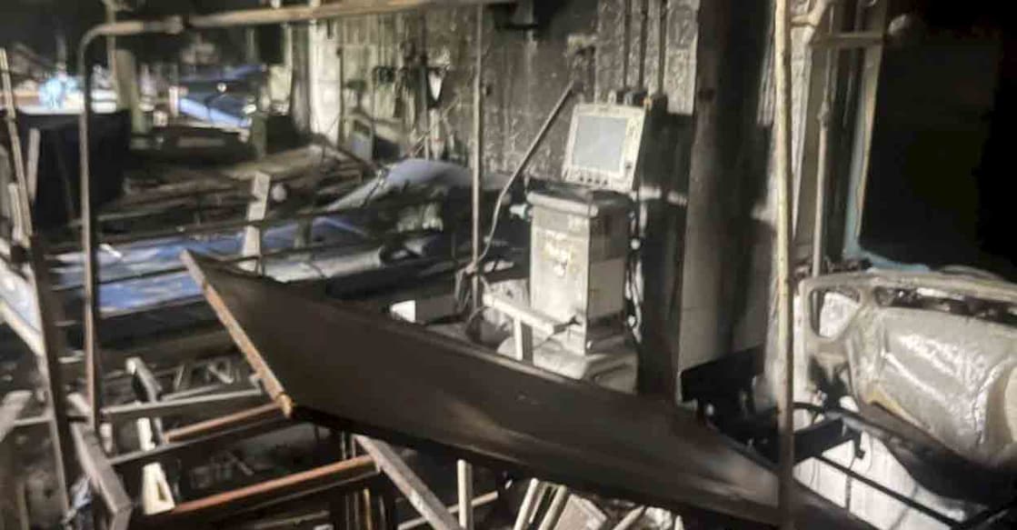 Charred remains in a room after a major fire erupted in an ICU in the state government-run SCB Medical College and Hospital, in Cuttack, Odisha, Monday, March 16, 2026. Photo: PTI